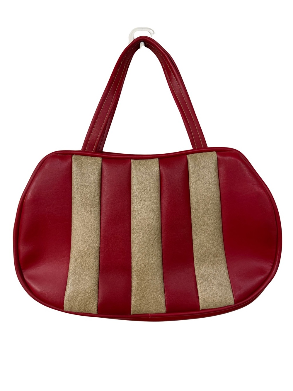Vintage 1970s Mod red faux leather handbag with contrast white stripes